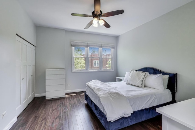 2801 N Wolcott Ave Unit L, Chicago, IL 60657 - bedroom with dark wood-style flooring, baseboards, and a ceiling fan