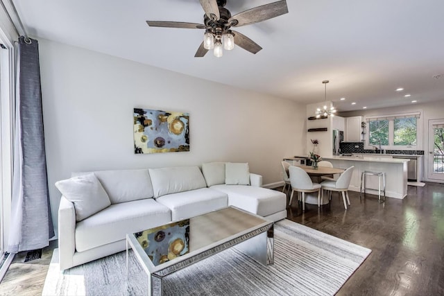 2801 N Wolcott Ave Unit L, Chicago, IL 60657 - living room with wood finished floors, recessed lighting, ceiling fan, a chandelier, and baseboards