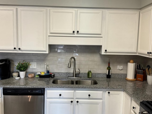5555 N Cumberland Ave Unit 407, Chicago, IL 60656 - kitchen with dishwasher, a sink, white cabinetry, tasteful backsplash, and stone countertops