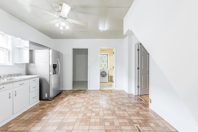 4640 S Winchester Ave, Chicago, IL 60609 - kitchen with washer / clothes dryer, stainless steel refrigerator with ice dispenser, open shelves, brick patterned flooring, and ceiling fan