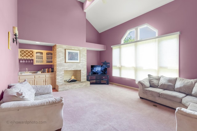 2471 Glen Eagles Dr, Olympia Fields, IL 60461 - carpeted living area featuring wet bar, high vaulted ceiling, and a fireplace
