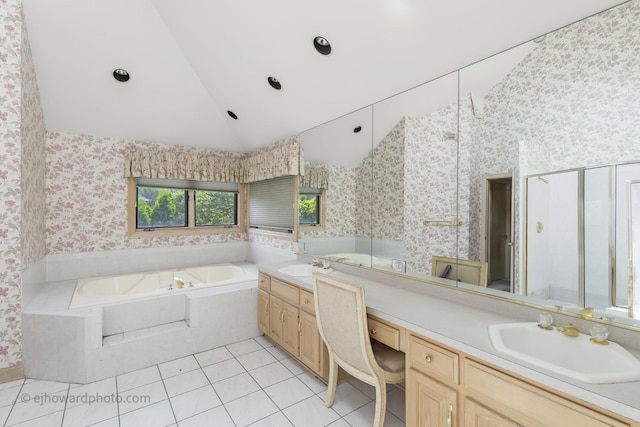 2471 Glen Eagles Dr, Olympia Fields, IL 60461 - bathroom with double vanity, a garden tub, tile patterned flooring, lofted ceiling, and wallpapered walls