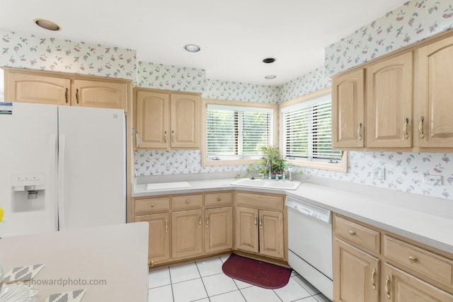 2471 Glen Eagles Dr, Olympia Fields, IL 60461 - kitchen featuring white appliances, wallpapered walls, light brown cabinets, and light countertops