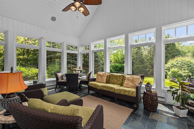 1135 Lawrence Ave, Lake Forest, IL 60045 - sunroom with high vaulted ceiling, a baseboard heating unit, and stone finish flooring