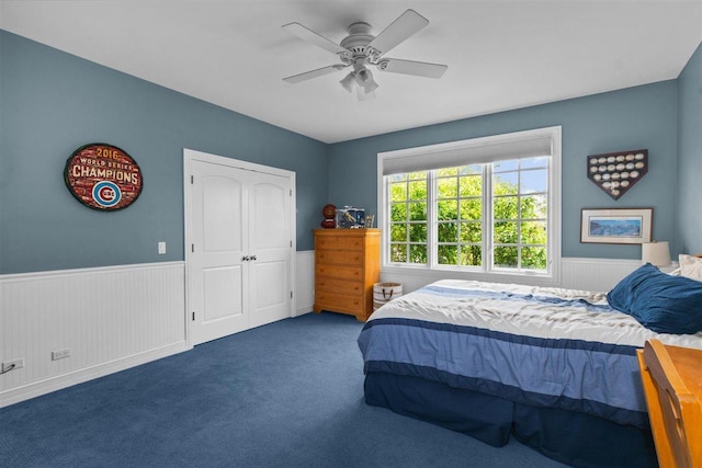 1135 Lawrence Ave, Lake Forest, IL 60045 - bedroom featuring a wainscoted wall, carpet floors, a ceiling fan, and a closet