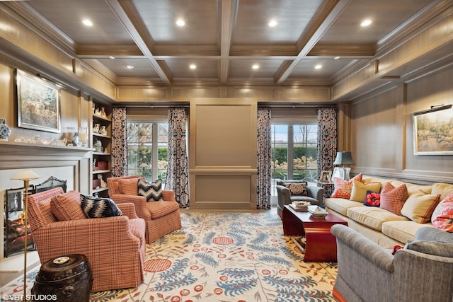 727 N Mckinley Rd Unit 100, Lake Forest, IL 60045 - living room with a decorative wall, crown molding, coffered ceiling, recessed lighting, and healthy amount of natural light
