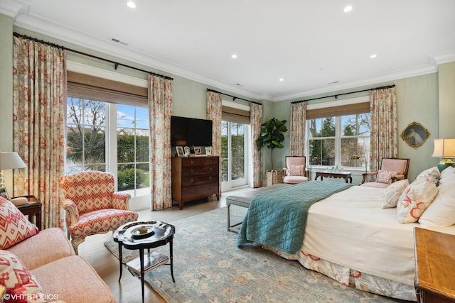 727 N Mckinley Rd Unit 100, Lake Forest, IL 60045 - bedroom with ornamental molding, access to outside, and recessed lighting
