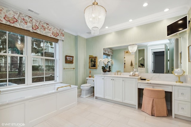 727 N Mckinley Rd Unit 100, Lake Forest, IL 60045 - full bathroom with vanity, a chandelier, ornamental molding, toilet, and a garden tub