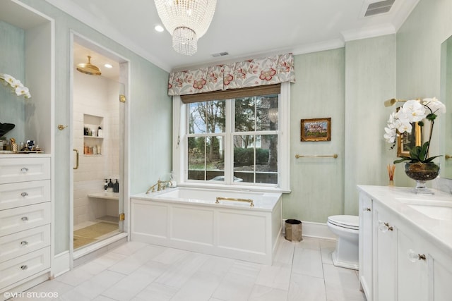 727 N Mckinley Rd Unit 100, Lake Forest, IL 60045 - bathroom with a stall shower, ornamental molding, a bath, vanity, and toilet