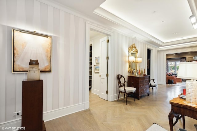 727 N Mckinley Rd Unit 100, Lake Forest, IL 60045 - hallway featuring a raised ceiling, crown molding, and baseboards