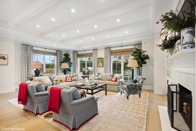 727 N Mckinley Rd Unit 100, Lake Forest, IL 60045 - living area with beamed ceiling, light wood-style floors, recessed lighting, a high end fireplace, and baseboards