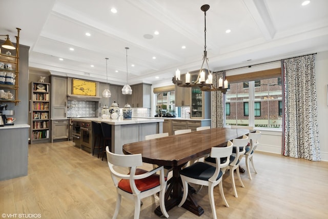 727 N Mckinley Rd Unit 100, Lake Forest, IL 60045 - dining area with light wood finished floors, a chandelier, recessed lighting, and beam ceiling