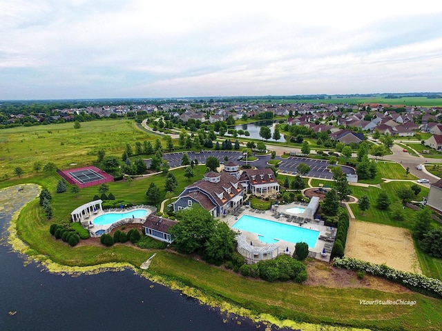 794 Suffield Ct, Oswego, IL 60543 - aerial overview of property's location with a pool area and a nearby body of water