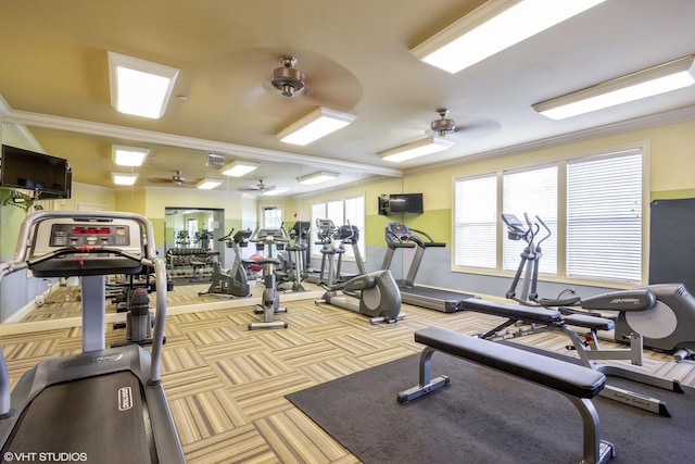 794 Suffield Ct, Oswego, IL 60543 - gym with crown molding, carpet flooring, and a ceiling fan