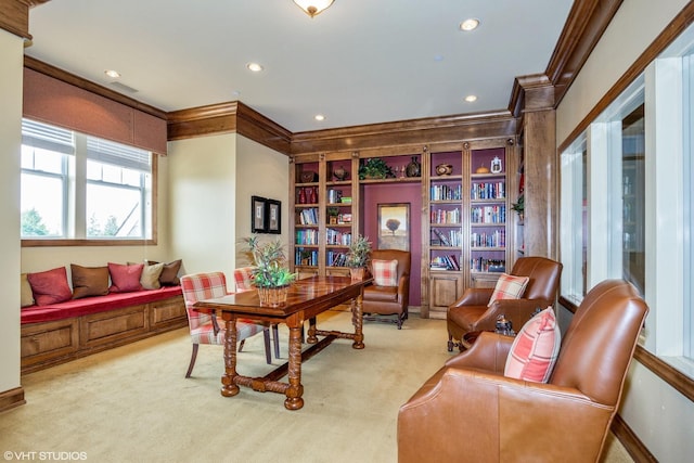 794 Suffield Ct, Oswego, IL 60543 - office space with ornamental molding, built in shelves, carpet flooring, and recessed lighting