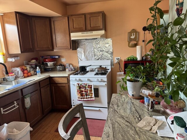 2628 N Mulligan Ave, Chicago, IL 60639 - kitchen with white gas stove, a sink, under cabinet range hood, dark wood finished floors, and light countertops