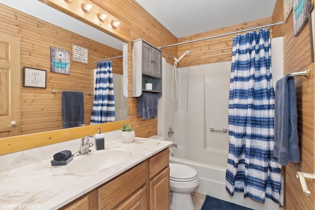 4515 Elmleaf Dr, Mchenry, IL 60051 - bathroom featuring wooden walls, vanity, shower / bath combo with shower curtain, and tile patterned flooring