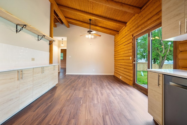 189 E 34th St, Steger, IL 60475 - unfurnished living room with wood ceiling, dark wood-style floors, a ceiling fan, and rustic walls