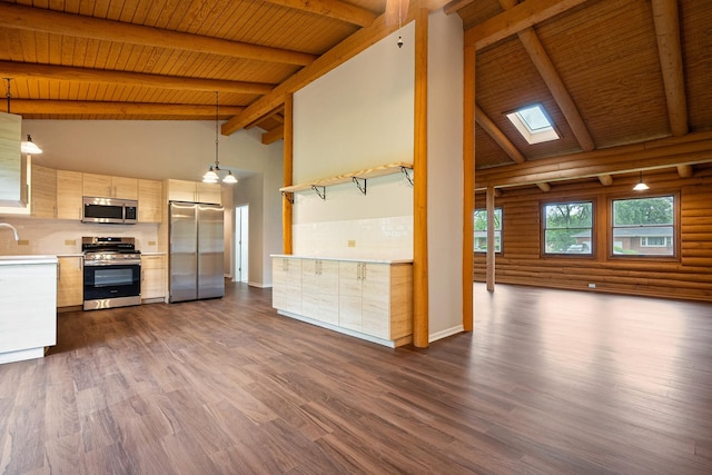 189 E 34th St, Steger, IL 60475 - kitchen featuring appliances with stainless steel finishes, a wood ceiling with exposed beams, light countertops, high vaulted ceiling, and decorative backsplash