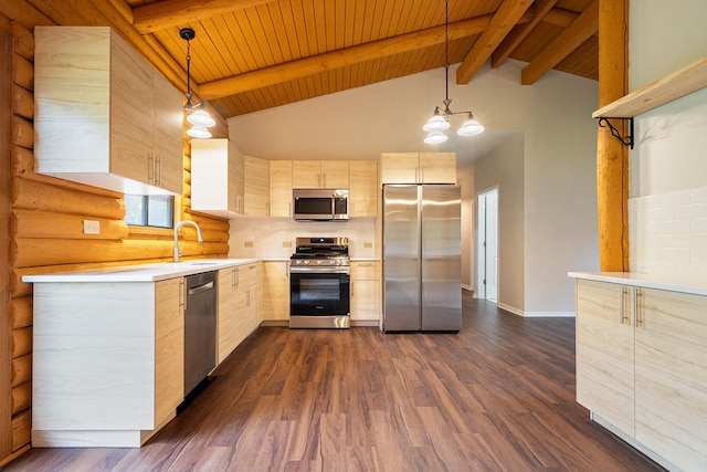 189 E 34th St, Steger, IL 60475 - kitchen featuring stainless steel appliances, light brown cabinetry, a wood ceiling with exposed beams, light countertops, and modern cabinets