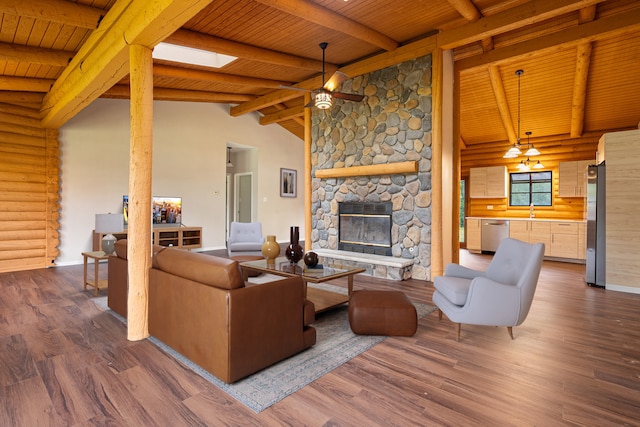 189 E 34th St, Steger, IL 60475 - living area featuring wooden ceiling, log walls, a ceiling fan, dark wood-type flooring, and a fireplace
