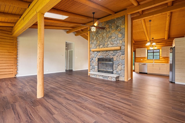 189 E 34th St, Steger, IL 60475 - unfurnished living room with wood ceiling, ceiling fan, rustic walls, dark wood-style flooring, and a stone fireplace