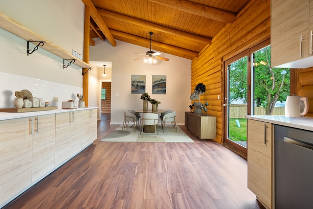 189 E 34th St, Steger, IL 60475 - dining space with wood ceiling, wood finished floors, ceiling fan, and rustic walls