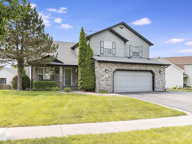 961 Ontario Dr, Romeoville, IL 60446 - traditional home with driveway, a garage, a front lawn, a shingled roof, and brick siding