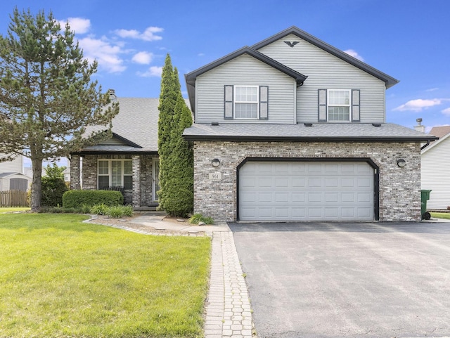 961 Ontario Dr, Romeoville, IL 60446 - traditional-style house featuring asphalt driveway, a front lawn, a garage, and brick siding