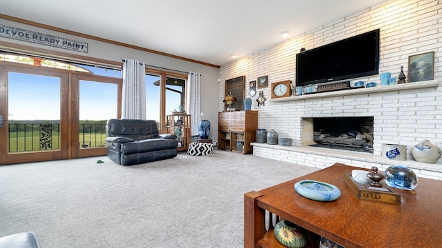 2765 W Pines Rd, Oregon, IL 61061 - living area featuring carpet flooring, a brick fireplace, and crown molding