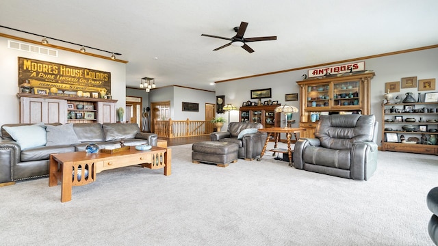 2765 W Pines Rd, Oregon, IL 61061 - living area with ceiling fan, crown molding, and carpet floors