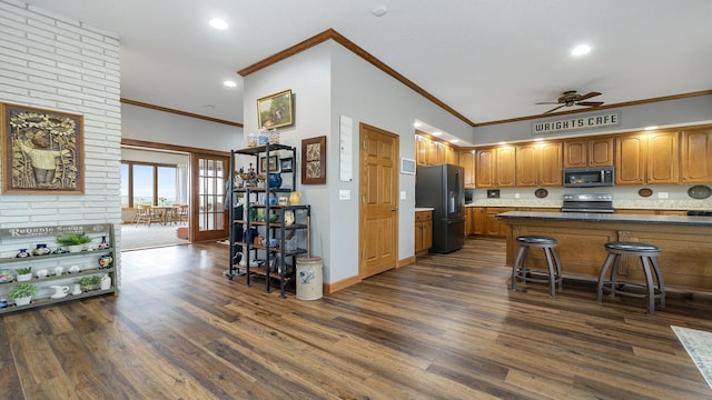 2765 W Pines Rd, Oregon, IL 61061 - kitchen featuring black appliances, ornamental molding, dark wood finished floors, brown cabinets, and ceiling fan