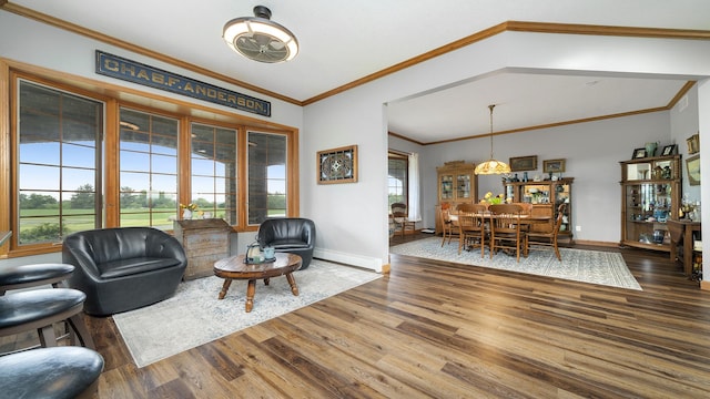 2765 W Pines Rd, Oregon, IL 61061 - living room with wood finished floors, healthy amount of natural light, baseboards, vaulted ceiling, and crown molding