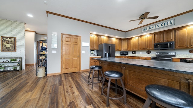 2765 W Pines Rd, Oregon, IL 61061 - kitchen with electric stove, stainless steel microwave, black refrigerator with ice dispenser, crown molding, and a ceiling fan