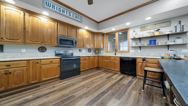 2765 W Pines Rd, Oregon, IL 61061 - kitchen with black appliances, crown molding, recessed lighting, dark wood-style floors, and open shelves