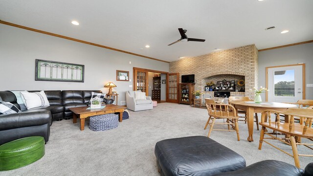 2765 W Pines Rd, Oregon, IL 61061 - carpeted living area featuring recessed lighting, ceiling fan, ornamental molding, and a brick fireplace
