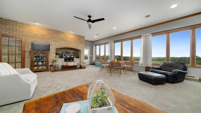 2765 W Pines Rd, Oregon, IL 61061 - living room with ceiling fan, crown molding, a baseboard radiator, wood finished floors, and brick wall