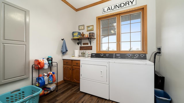 2765 W Pines Rd, Oregon, IL 61061 - washroom with independent washer and dryer, cabinet space, crown molding, and dark wood-style floors