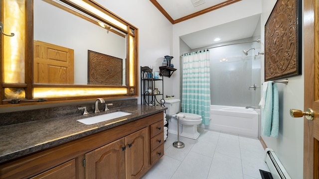 2765 W Pines Rd, Oregon, IL 61061 - bathroom featuring a baseboard radiator, ornamental molding, vanity, toilet, and tile patterned floors