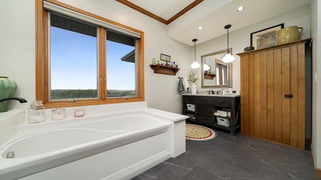 2765 W Pines Rd, Oregon, IL 61061 - full bath featuring vanity, a garden tub, crown molding, and recessed lighting