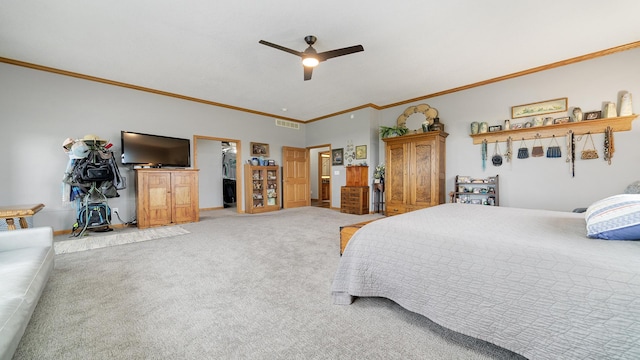 2765 W Pines Rd, Oregon, IL 61061 - bedroom with crown molding, light carpet, a spacious closet, and a ceiling fan