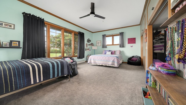 2765 W Pines Rd, Oregon, IL 61061 - bedroom with crown molding, carpet, and ceiling fan