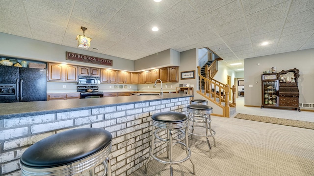 2765 W Pines Rd, Oregon, IL 61061 - kitchen with appliances with stainless steel finishes, a sink, light carpet, a kitchen breakfast bar, and dark countertops