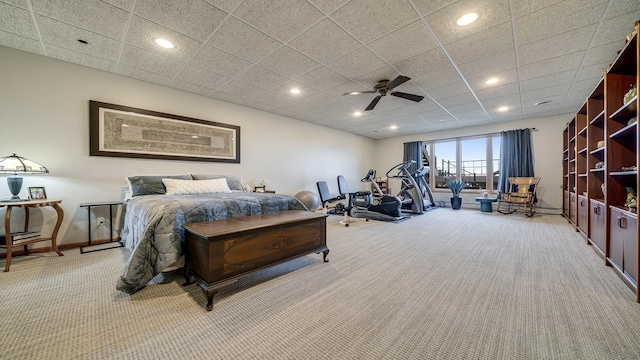 2765 W Pines Rd, Oregon, IL 61061 - bedroom with light carpet, baseboards, recessed lighting, ceiling fan, and a paneled ceiling