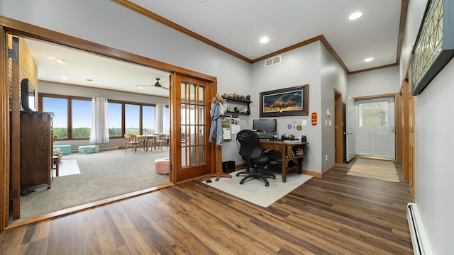2765 W Pines Rd, Oregon, IL 61061 - office featuring a baseboard heating unit, crown molding, wood finished floors, french doors, and baseboards