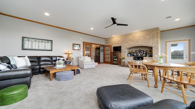 2765 W Pines Rd, Oregon, IL 61061 - carpeted living area featuring recessed lighting, ceiling fan, ornamental molding, and a brick fireplace