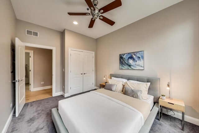 101 W Superior St Unit 501, Chicago, IL 60654 - bedroom featuring carpet flooring, baseboards, recessed lighting, a closet, and ceiling fan
