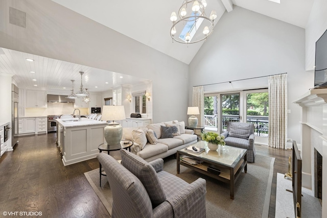 6 Tartan Ridge Rd, Burr Ridge, IL 60527 - living room with a chandelier, a premium fireplace, high vaulted ceiling, dark wood finished floors, and beam ceiling