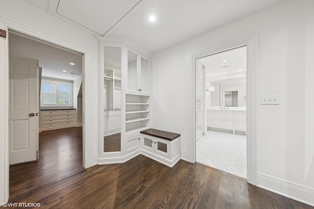 6 Tartan Ridge Rd, Burr Ridge, IL 60527 - mudroom with dark wood-type flooring, baseboards, attic access, and recessed lighting