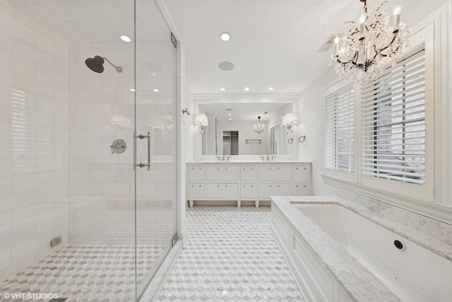 6 Tartan Ridge Rd, Burr Ridge, IL 60527 - bathroom featuring a chandelier, a shower stall, vanity, a bath, and recessed lighting